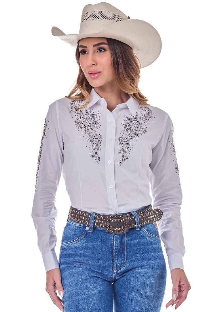 Camisete Radade Manga Longa Bordada MISS STRASS cor Branca - 2110