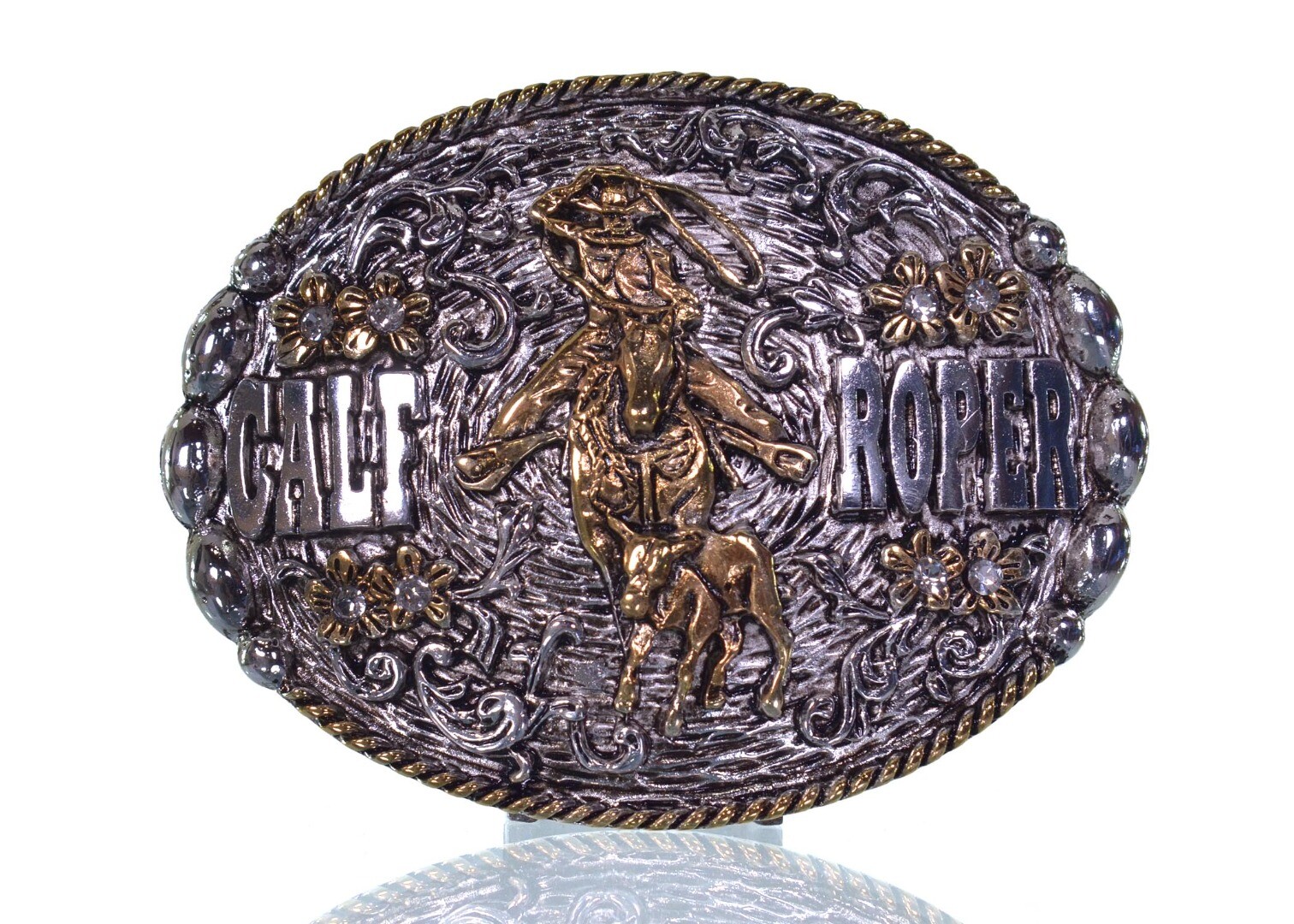 Fivela Country Calf Roper Prata Envelhecida com Detalhes Dourados 11x9 cm - 2300