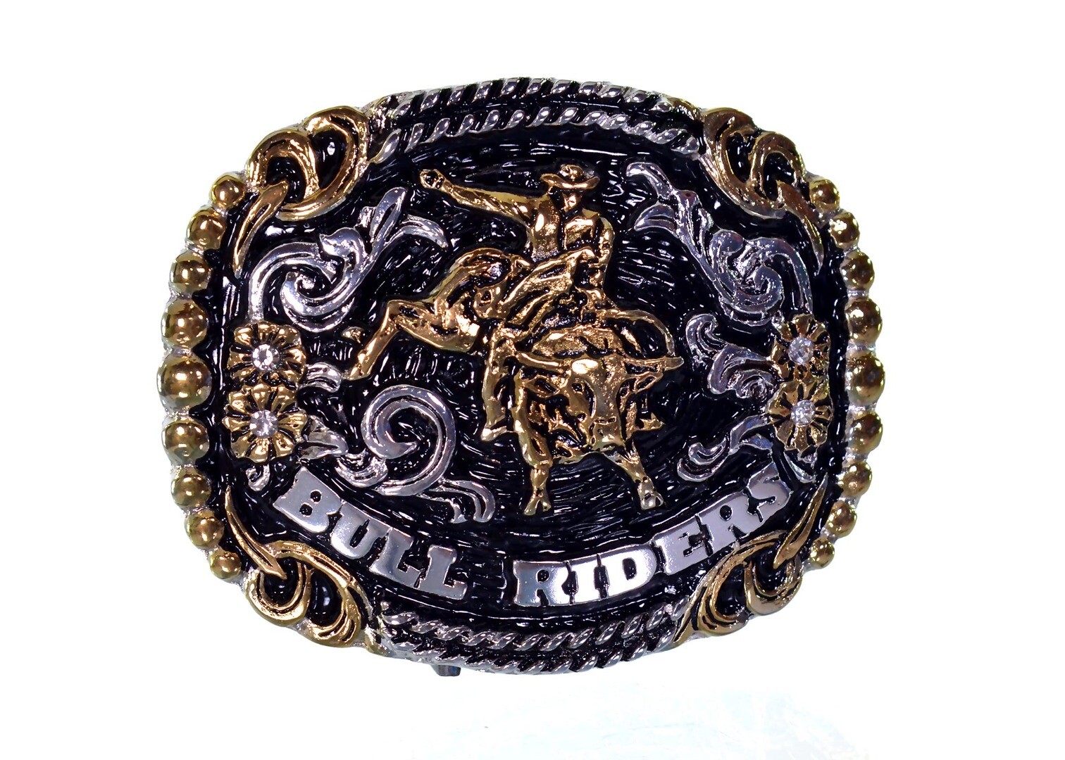 Fivela Country Bull Rider Prata e Dourada com Strass 11x9 cm - 2340