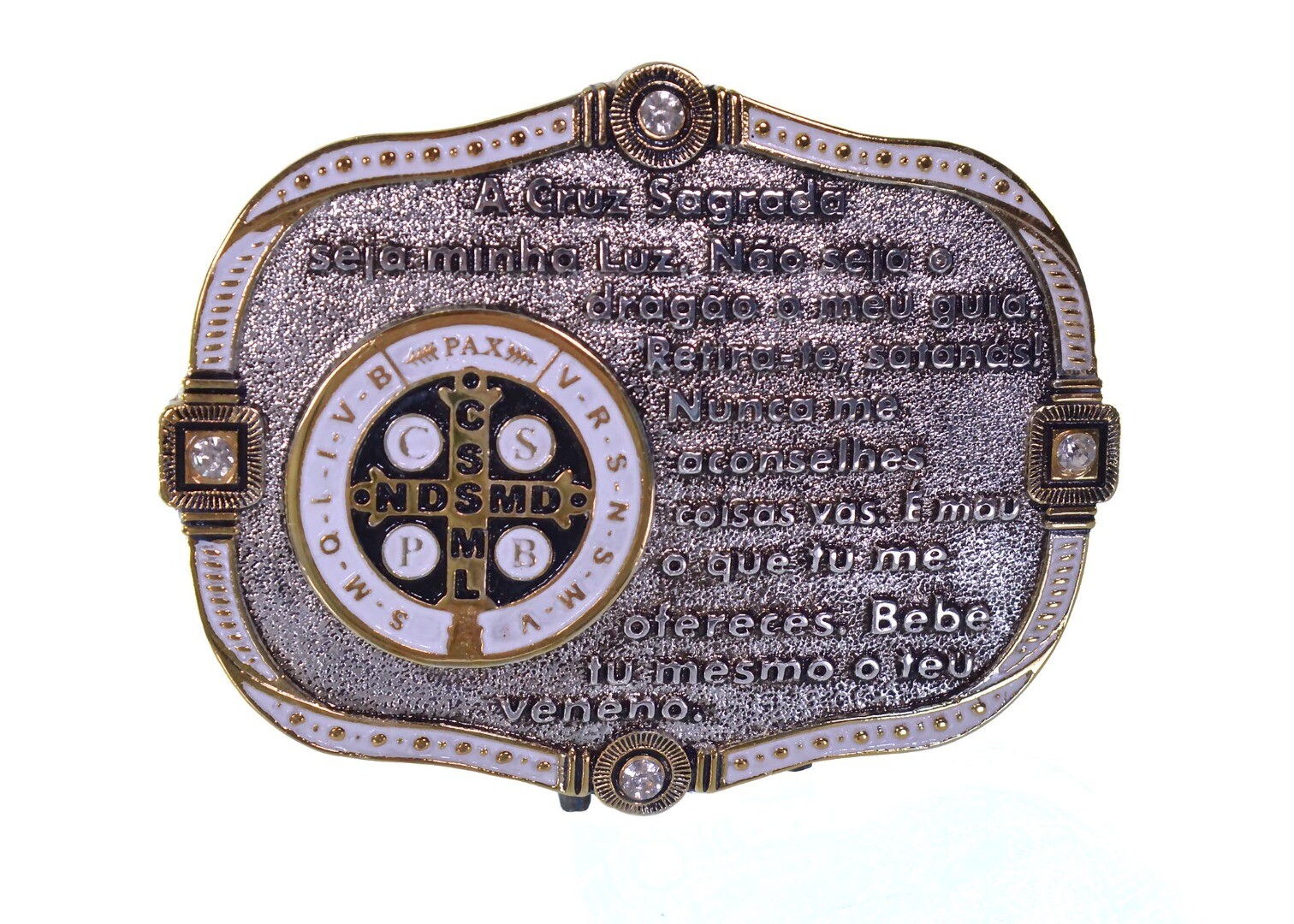 Fivela Country Medalha de São Bento Prata e Dourada com Strass 11,5x9 cm - 2349