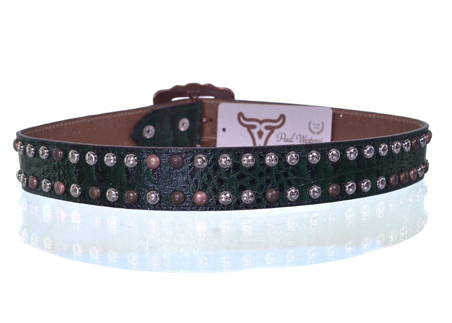 Cinto Paul Western Verde Croco com Tachas Decorativas e Fivela Vintage - pw4941