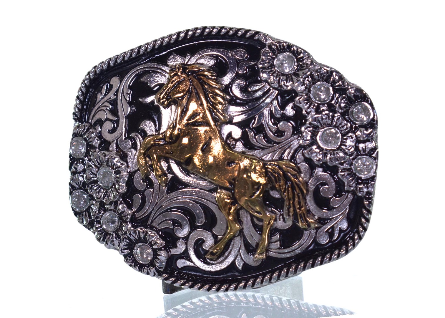 Fivela Country Cavalo Dourado com Strass e Arabescos Prata - 549