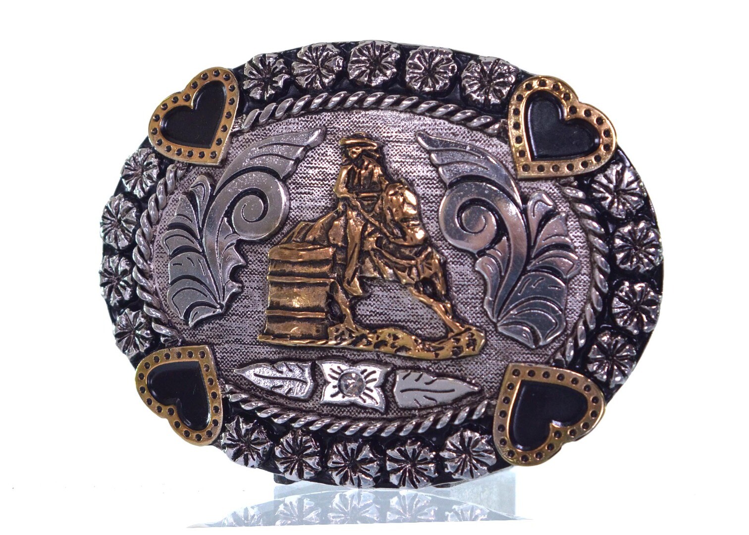 Fivela Country Barrel Racing Corações Preta e Prata com Detalhes Dourados 10x8 cm - 608