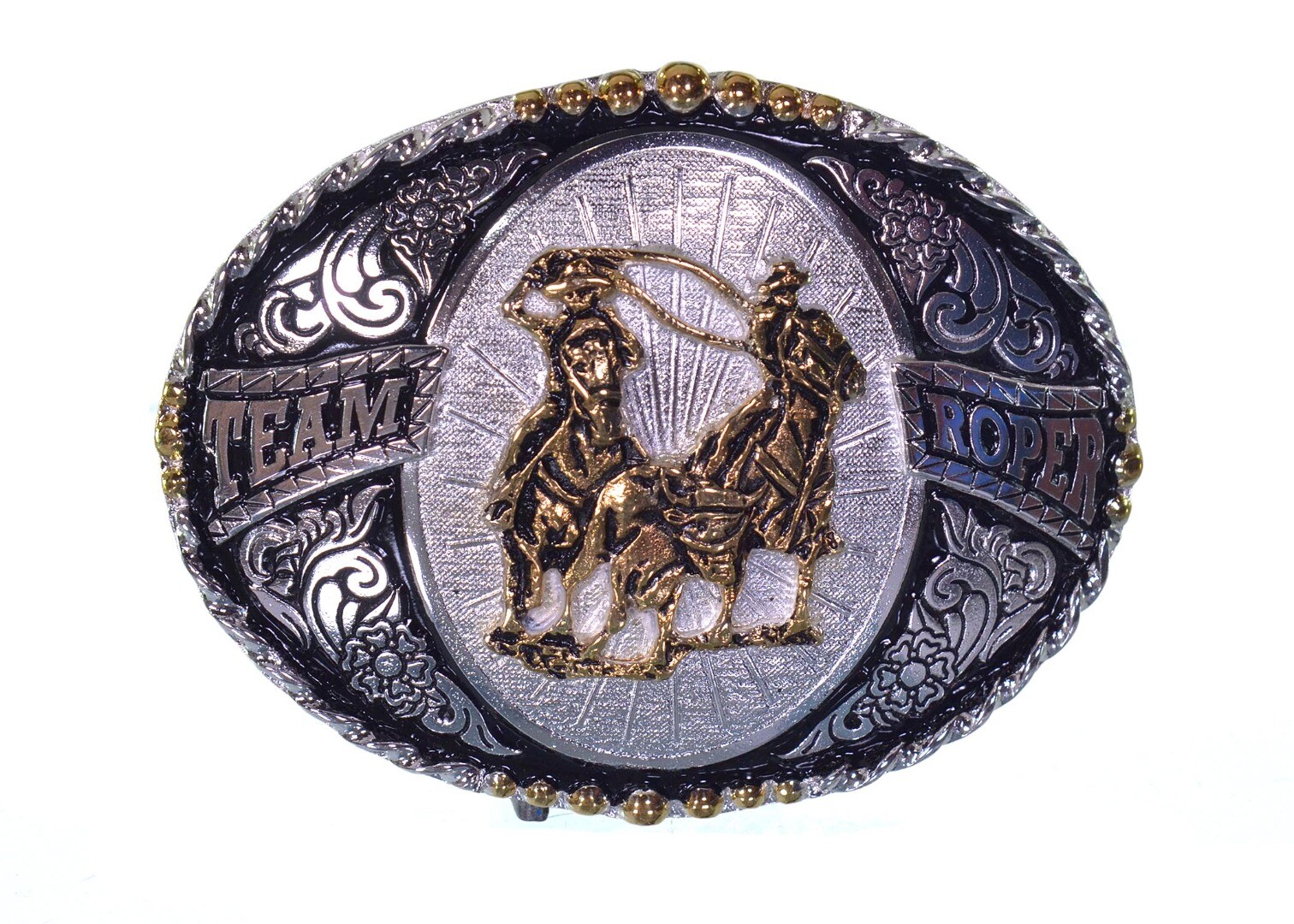 Fivela Country Team Roping Prata e Preta com Detalhes Dourados 11x9 cm - 616