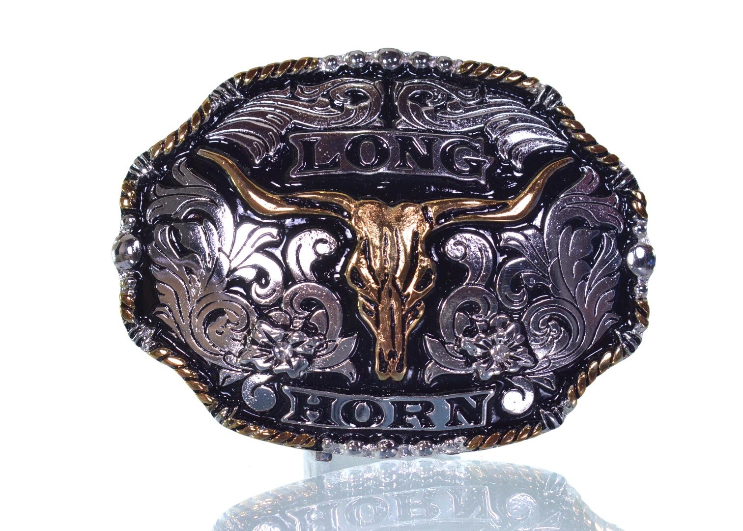 Fivela Country Long Horn Preta e Prata com Caveira Dourada 11,5x9 cm - 683