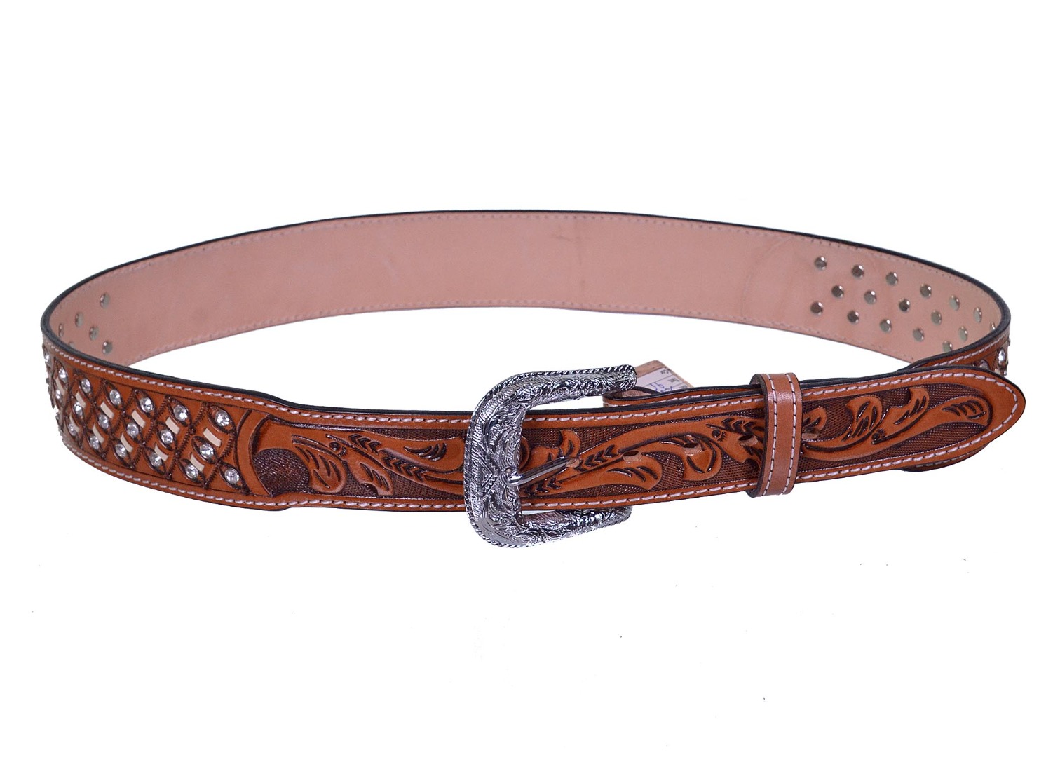 Cinto Adoniros em Couro Marrom com Bordado Folhagem e apliques em Strass e  metal - ad3086