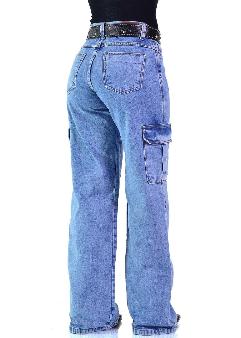 Calça Jeans Feminina Cowboy ST Cargo Wideleg Delave