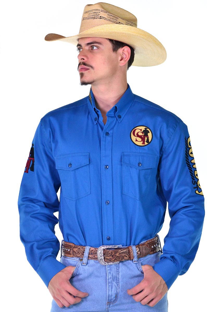 Camisa Cowboy ST Manga Longa Bordada Azul - 0998