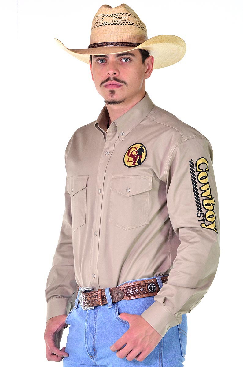 Camisa Cowboy ST Manga Longa Bordada  cor Caqui - 0997