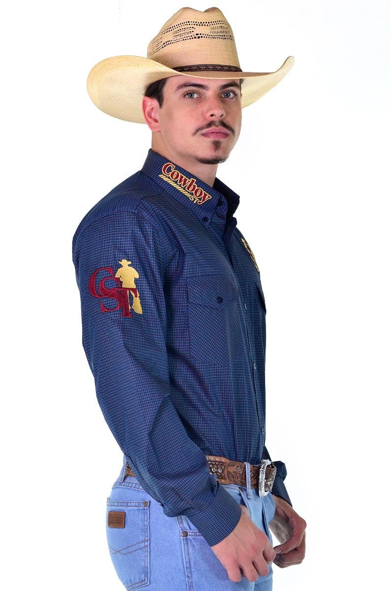 Camisa Cowboy ST Manga Longa Bordada Xadrez Marinho - 1001
