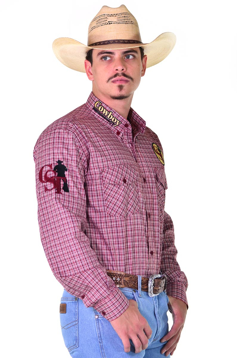 Camisa Cowboy ST Manga Longa Bordada Xadrez cor Vermelho - 0999