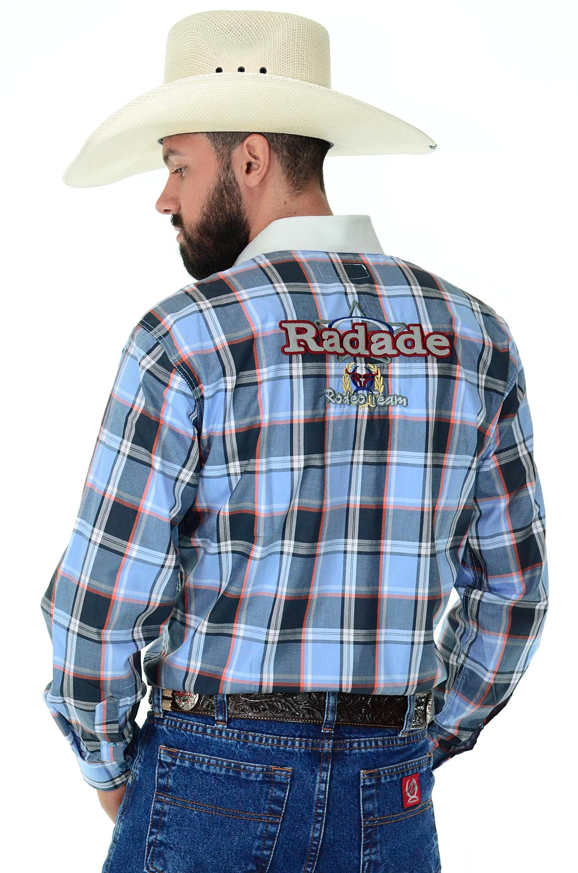 Camisa Masculina Radade Manga Longa Xadrez Bordada Azul/Laranja - 0381