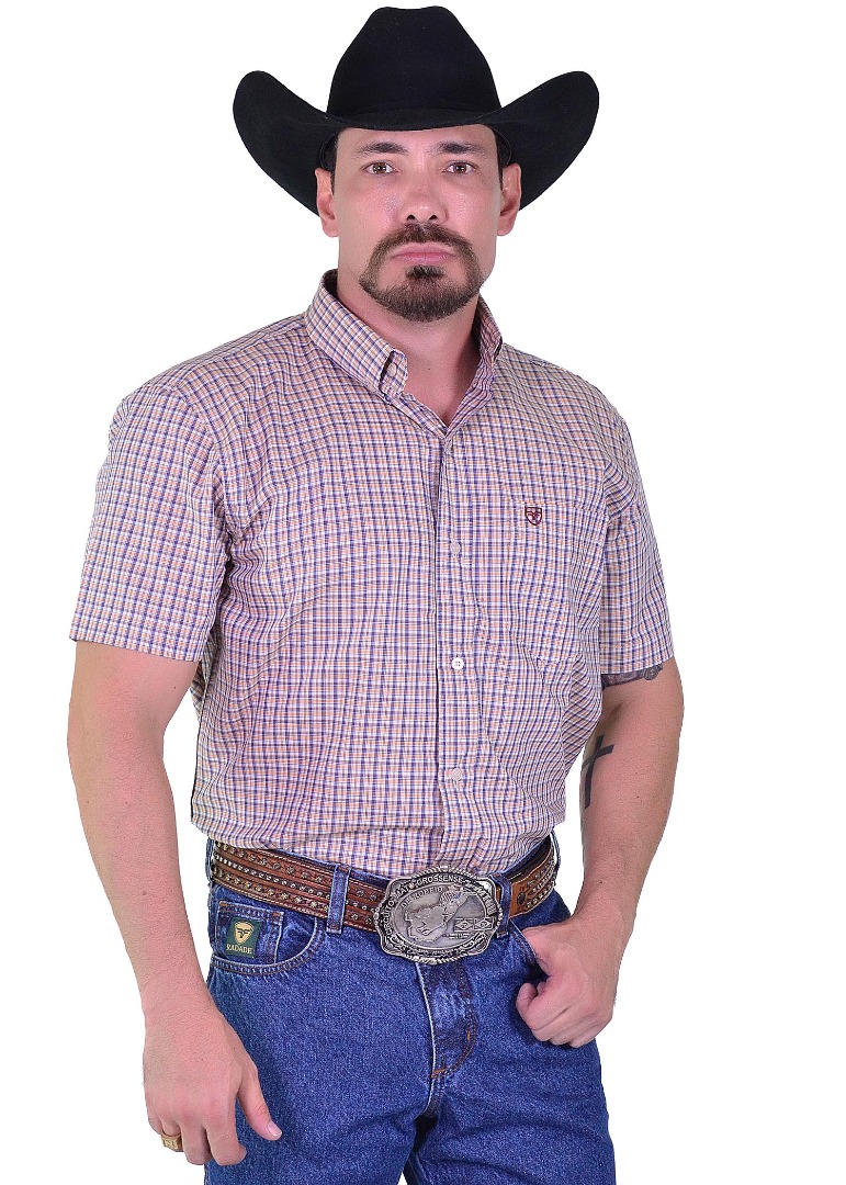 Camisa Radade Manga Curta Xadrez Fifty cor Azul e Laranja - 2013