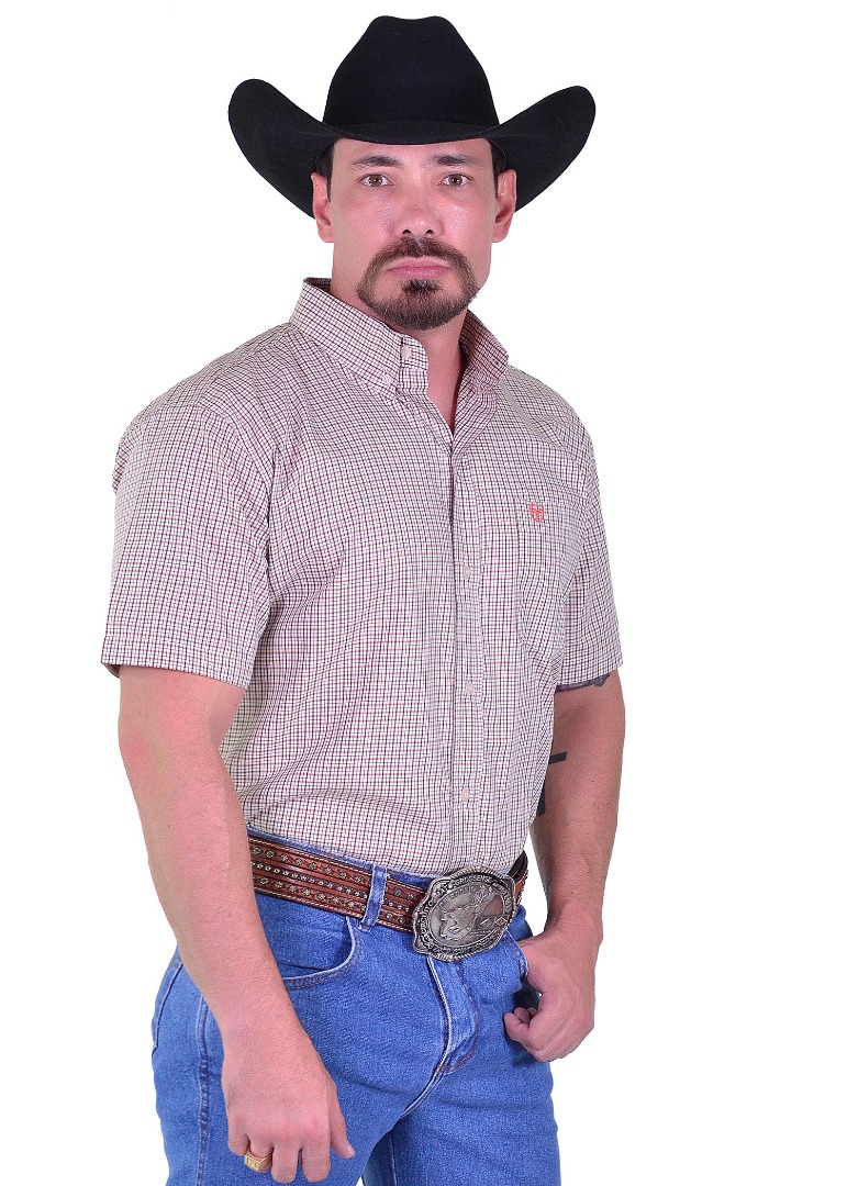 Camisa Radade Manga Curta Xadrez Fifty cor Branco e Laranja - 2033