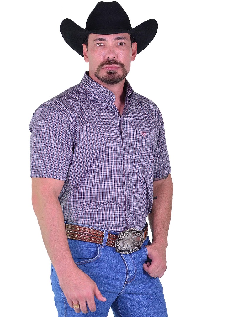 Camisa Radade Manga Curta Xadrez Fifty cor Chumbo e Rosa - 2034