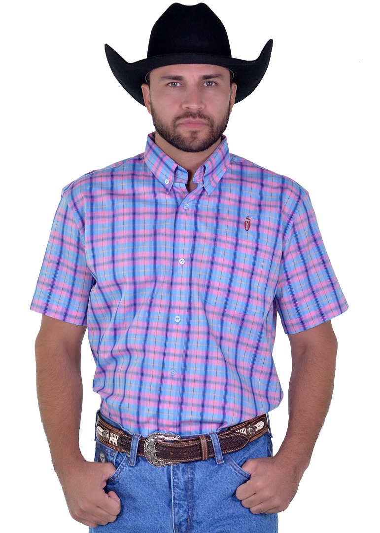 Camisa Radade Manga Curta Xadrez Fifty cor Rosa e Azul - 1704