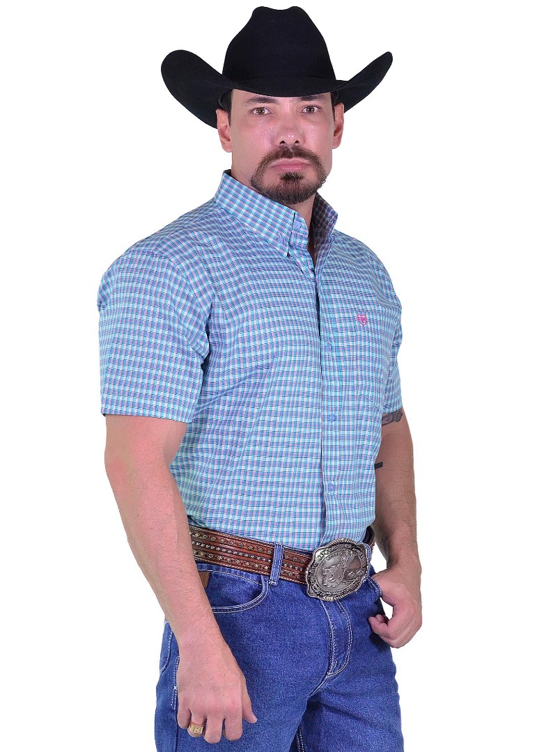 Camisa Radade Manga Curta Xadrez Fifty cor Verde e Rosa - 2015