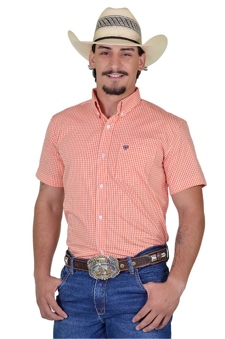 Camisa Radade Manga Curta Xadrez Fifty Laranja e Branco - 1622
