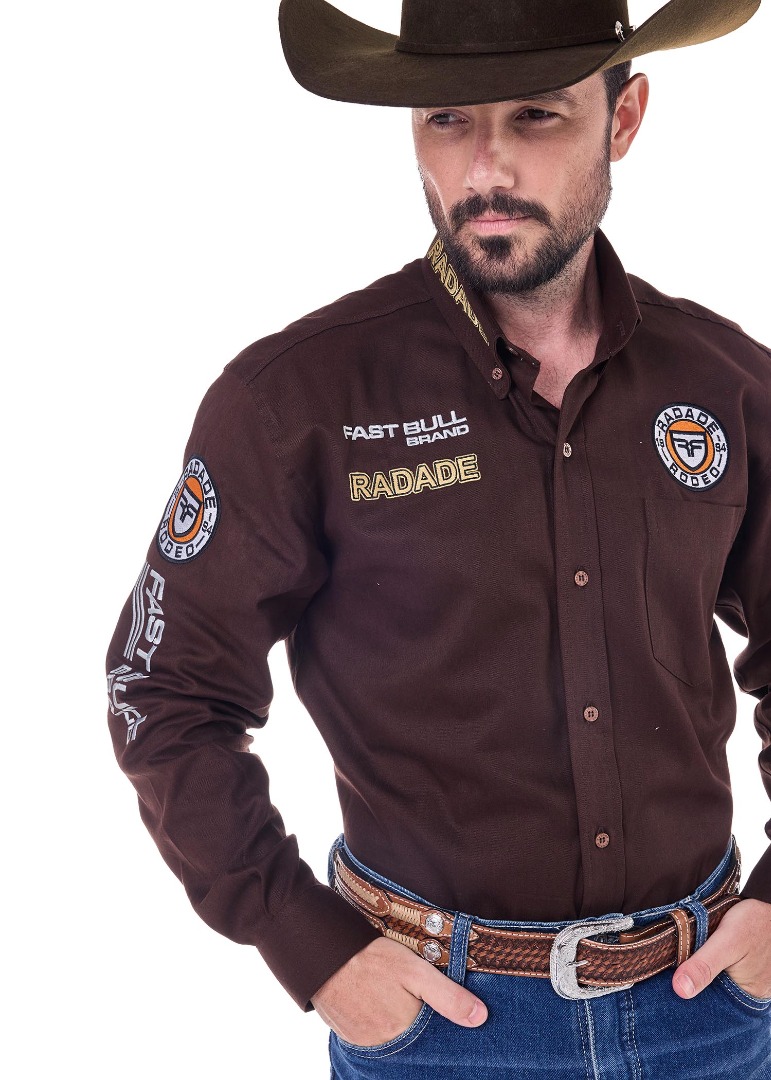 Camisa Radade Manga Longa Bordada BRANDS cor Marrom - 2122