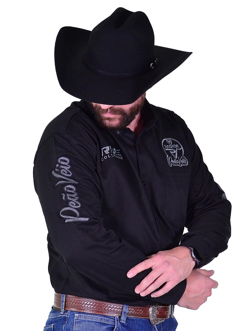 Camisa Radade Manga Longa Bordada PEÃO VELHO cor Preto e Cinza - 2185