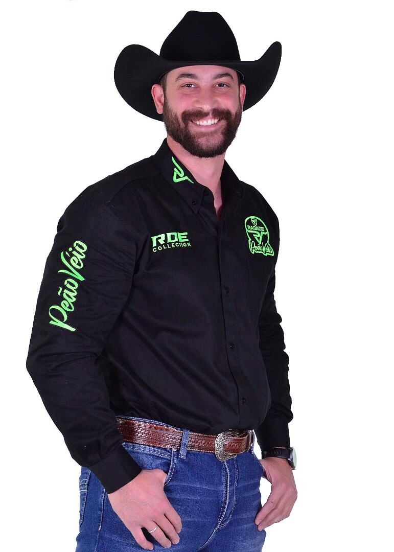 Camisa Radade Manga Longa Bordada PEÃO VELHO cor Preto e Verde - 2186