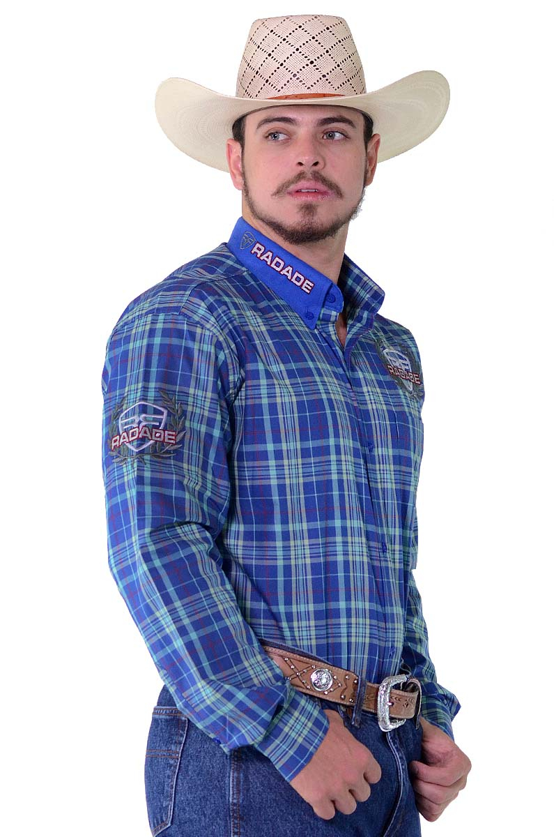 Camisa Radade Manga Longa Xadrez Bordada Azul e Verde - 1273