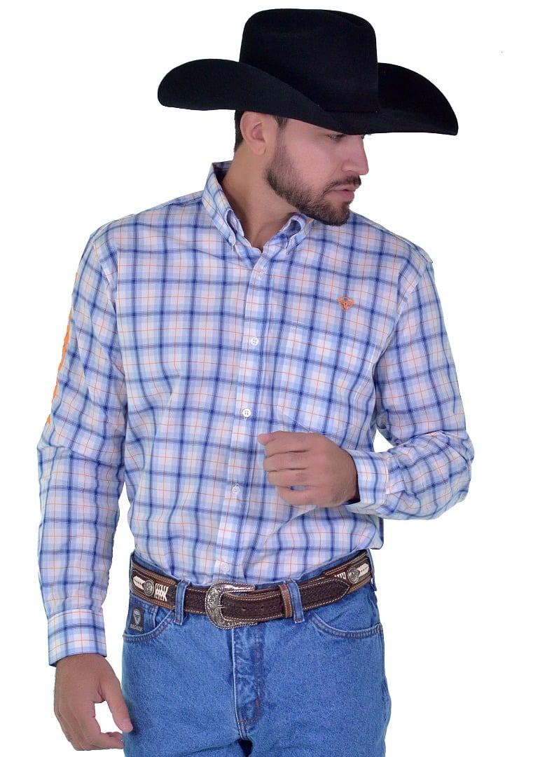 Camisa Radade Manga Longa Xadrez Bordada cor Azul e Laranja - 1705