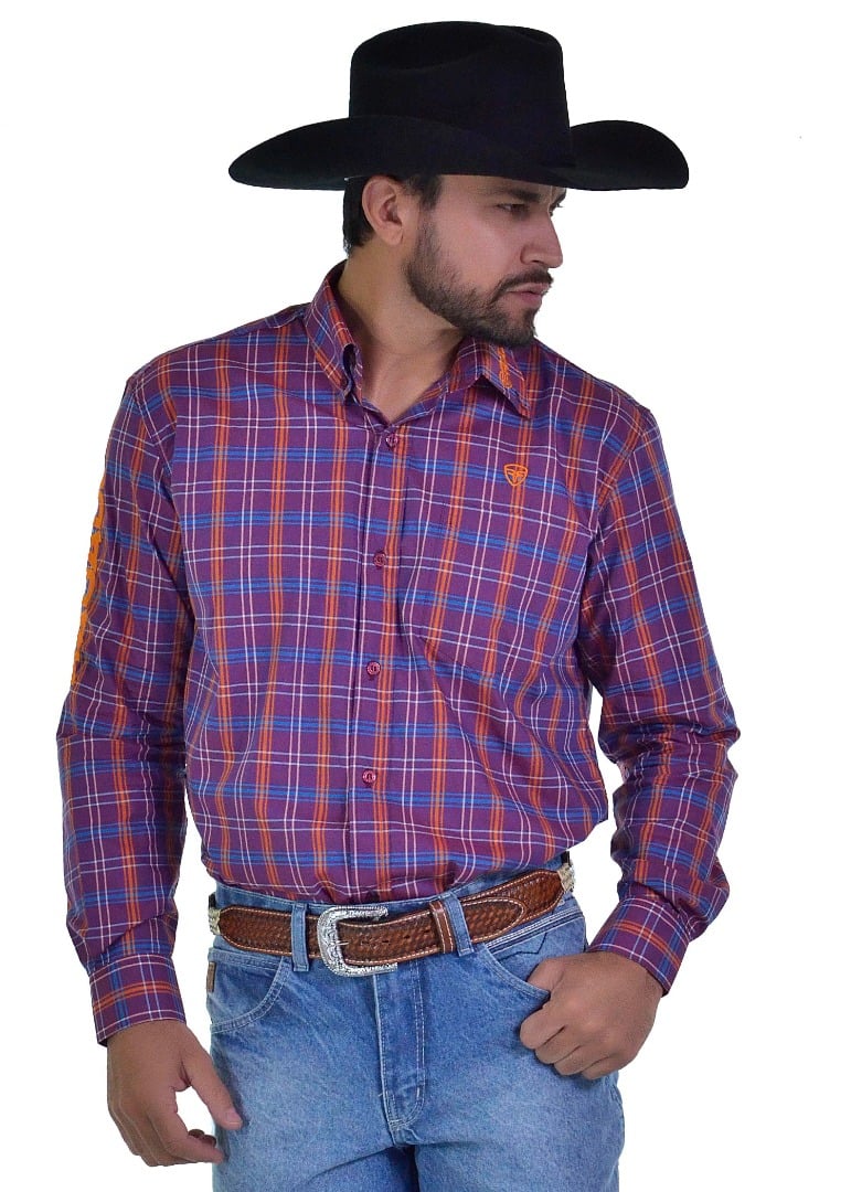 Camisa Radade Manga Longa Xadrez Bordada cor Roxo e Laranja - 1760