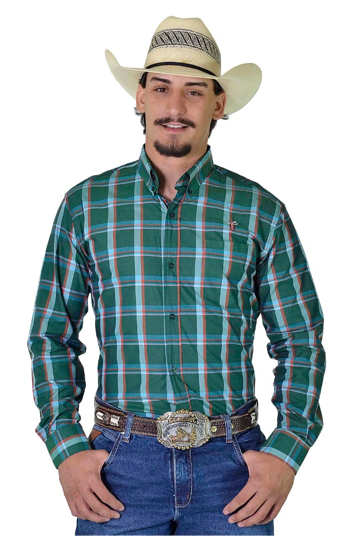 Camisa Radade Manga Longa Xadrez Bordada cor Verde e Azul - 1614