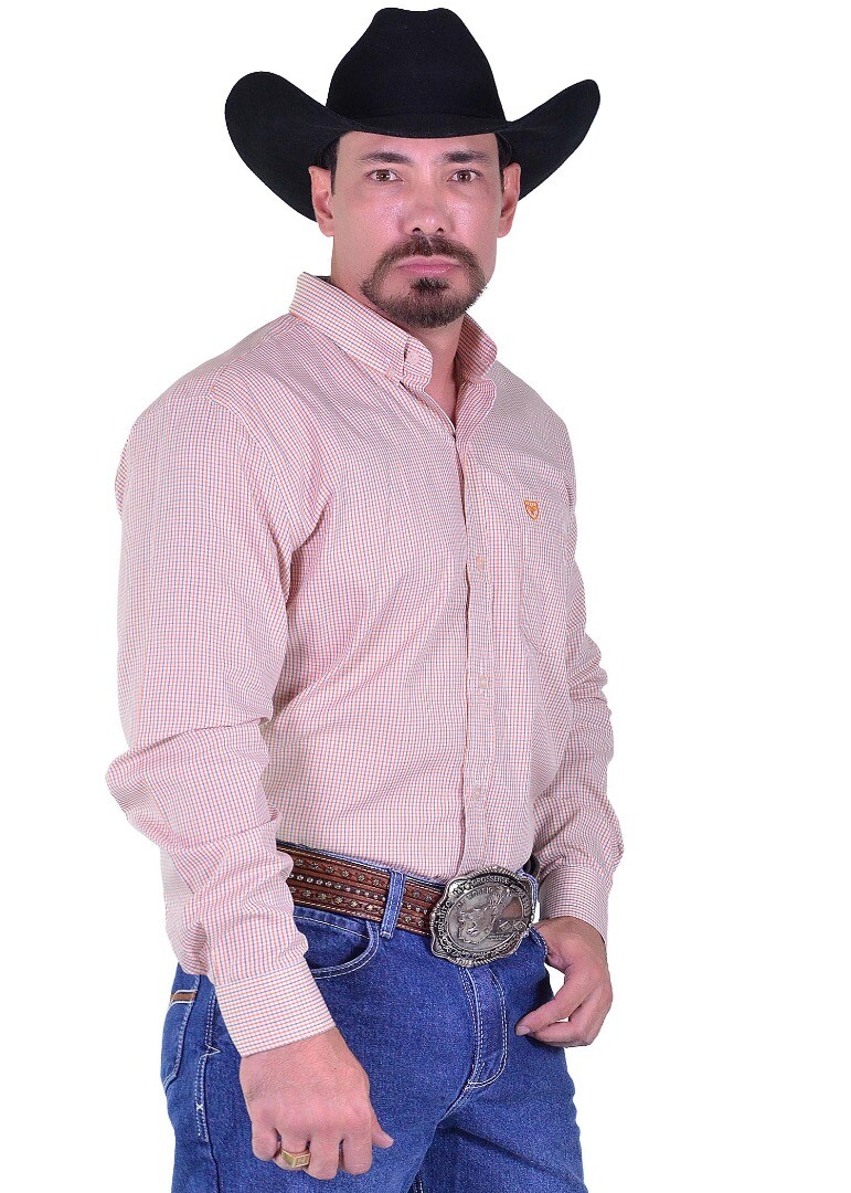 Camisa Radade Manga Longa Xadrez Fifty cor Laranja e Cinza - 2016
