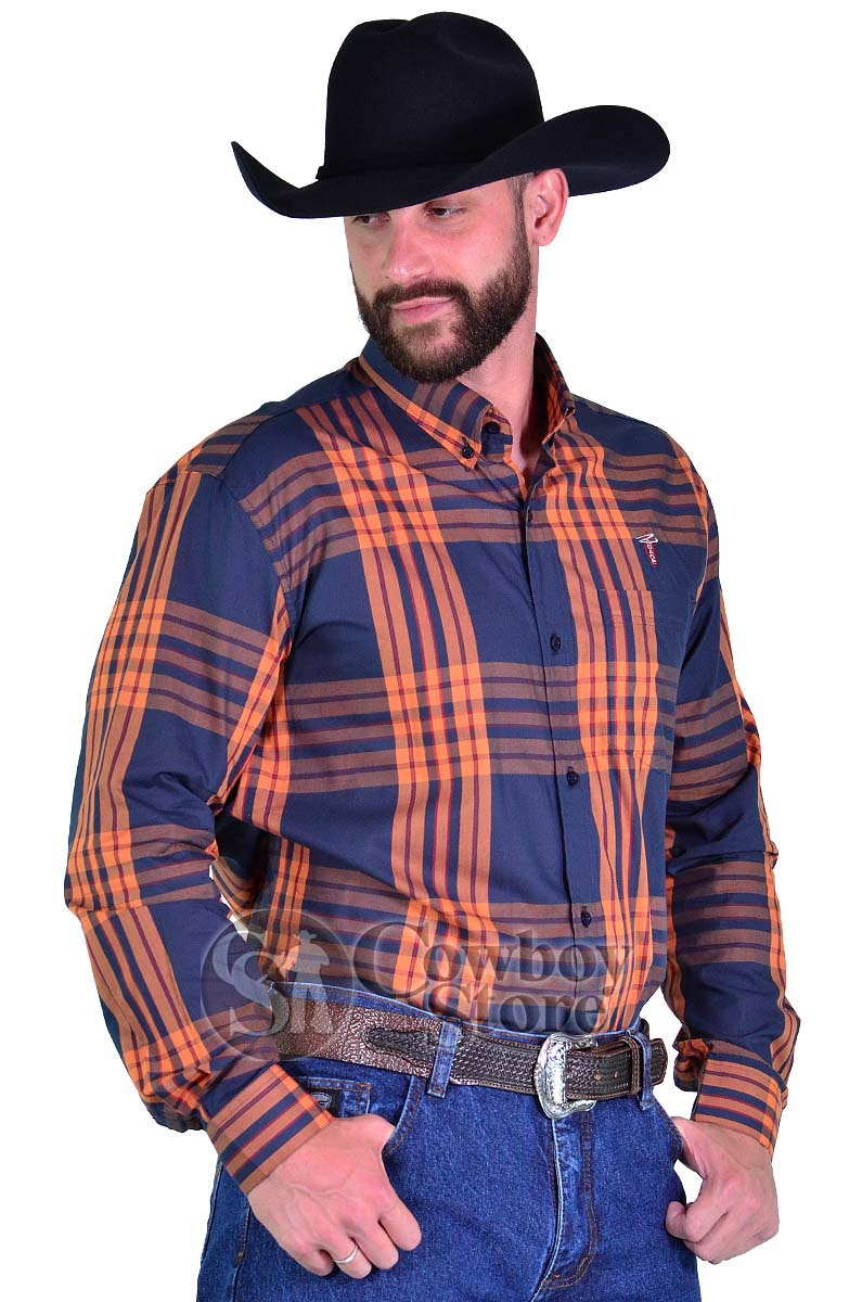 Camisa Radade Manga Longa Xadrez Laranja e Marinho - 1477