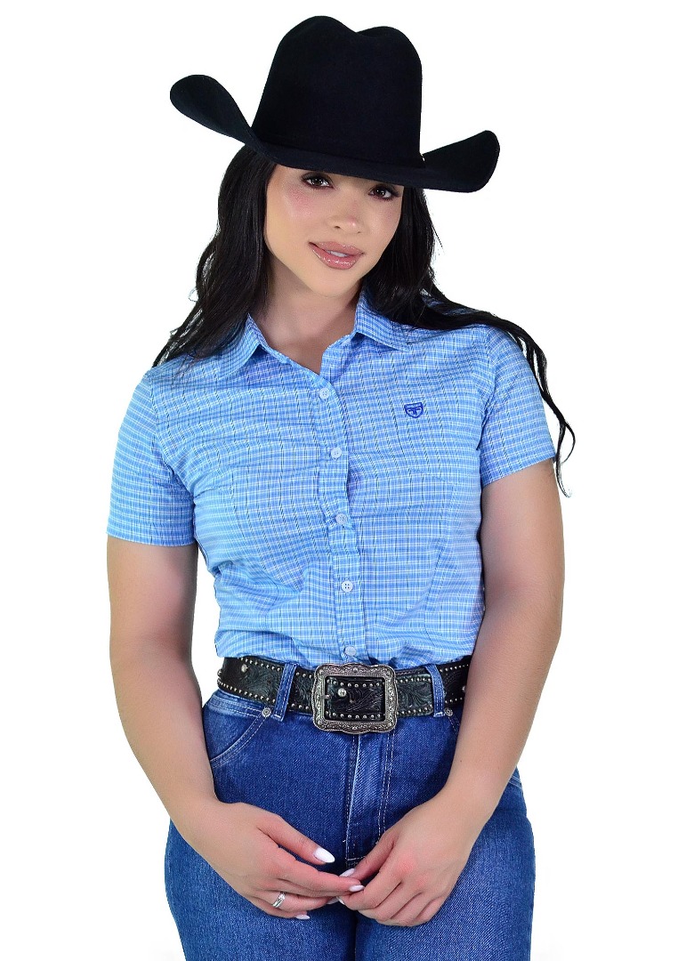 Camisete Feminina Radade Xadrez Fio 50 Manga Curta Azul – 100% Algodão - 2199