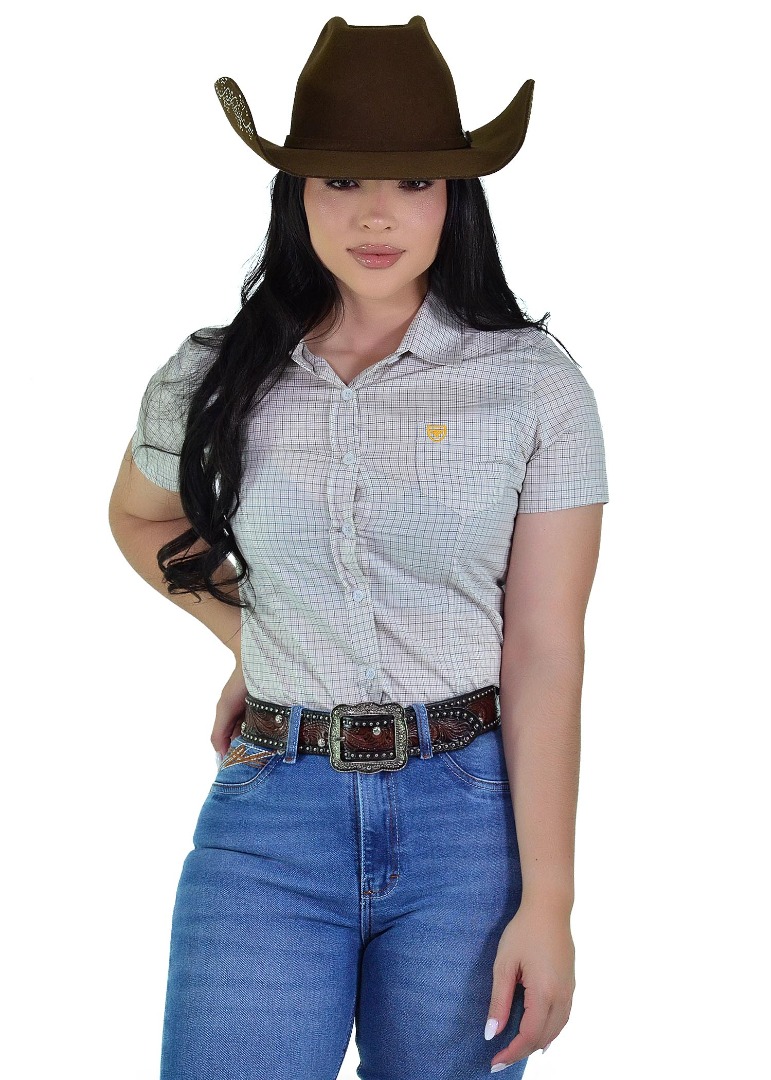 Camisete Feminina Radade Xadrez Fio 50 Manga Curta Bege – 100% Algodão - 2197