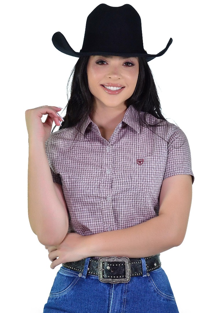 Camisete Feminina Radade Xadrez Vinho Fio 50 Manga Curta – 100% Algodão - 2249