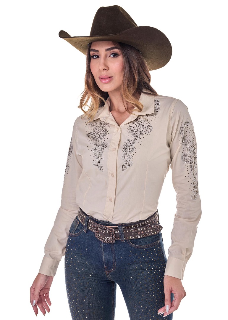 Camisete Radade Manga Longa Bordada MISS STRASS cor Bege - 2112