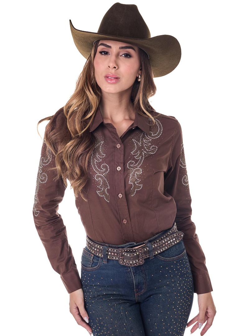 Camisete Radade Manga Longa Bordada MISS STRASS cor Marrom - 2111