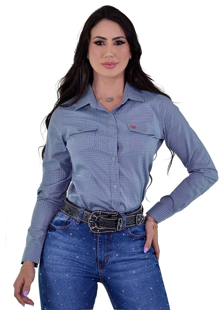 Camisete Radade Manga Longa Xadrez Fifty Azul e Branca - 1789