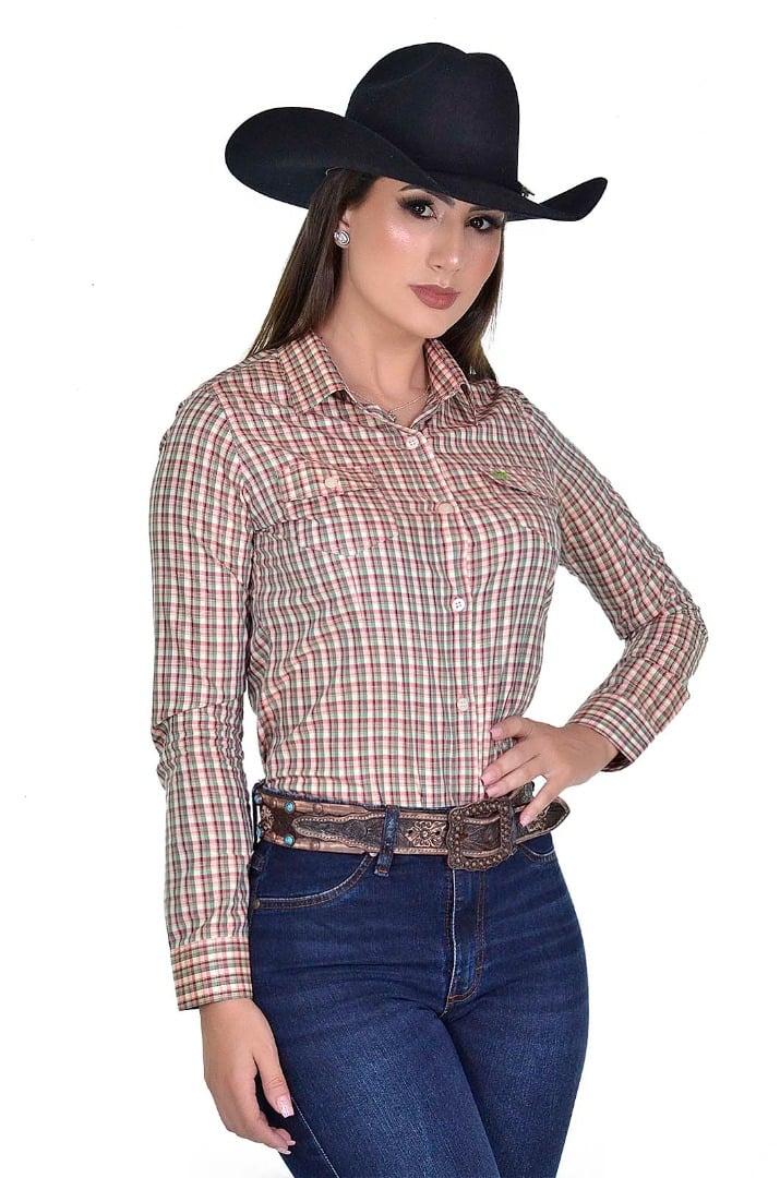 Camisete Radade Manga Longa Xadrez Fifty Rosa e Verde - 1496