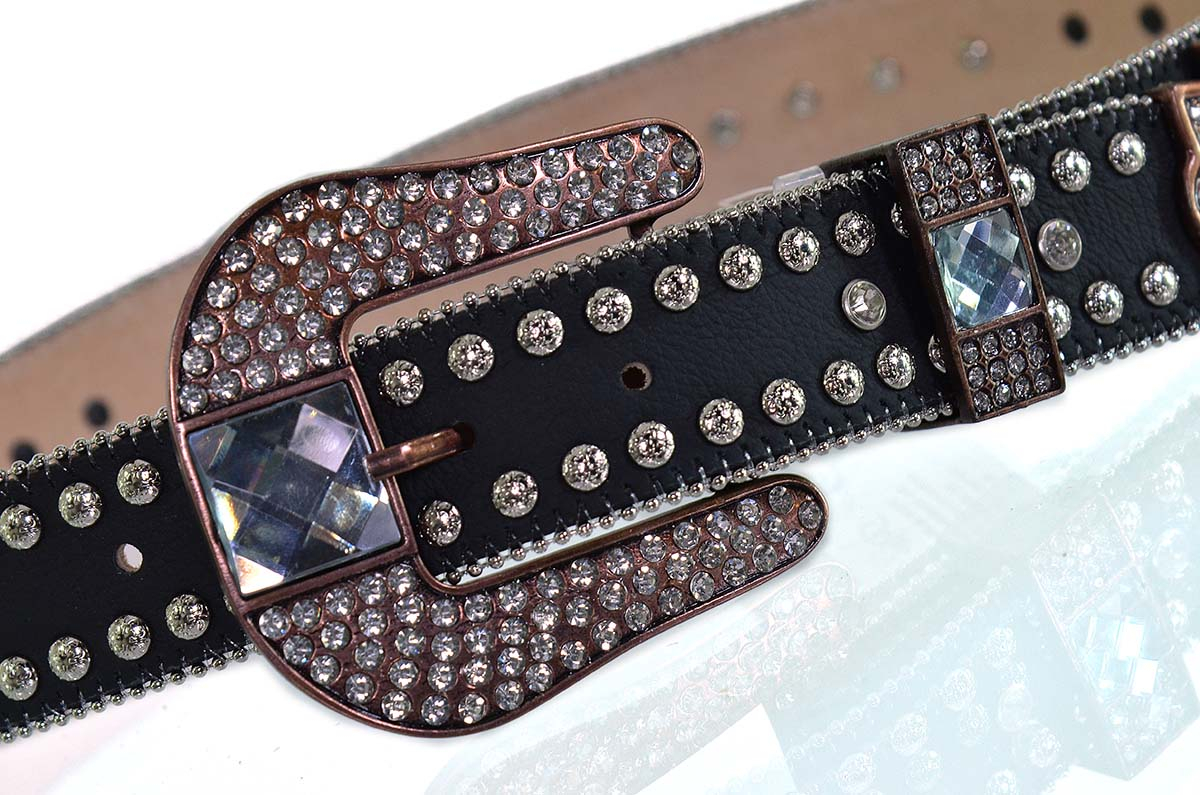 Cinto Paul Western em Couro Preto com Fivelas em Strass - PW291