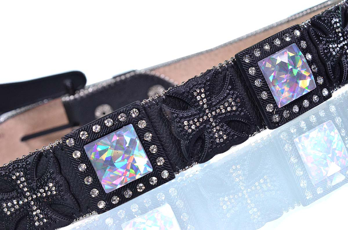 Cinto Paul Western em Couro Preto com Fivelas em Strass - PW396p