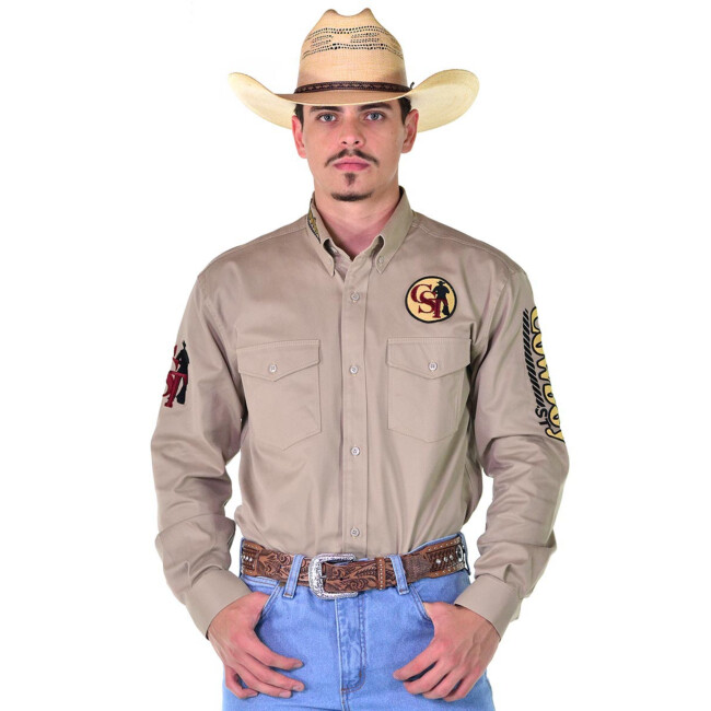Camisa Cowboy ST Manga Longa Bordada cor Caqui 0997
