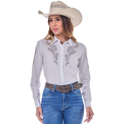 Camisete Radade Manga Longa Bordada MISS STRASS cor Branca - 2110