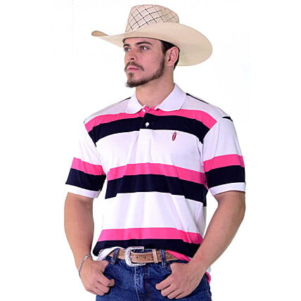 Polo Masculina Radade Listra Branco e Rosa - 1274