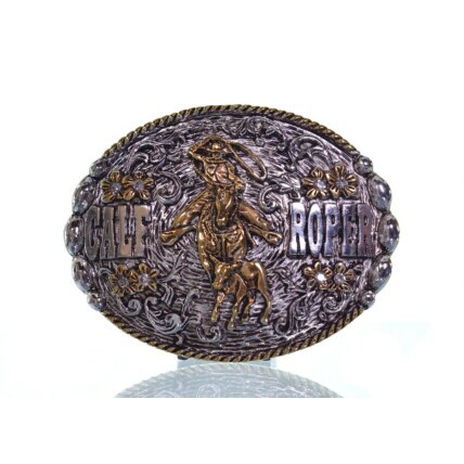 Fivela Country Calf Roper Prata Envelhecida com Detalhes Dourados 11x9 cm - 2300