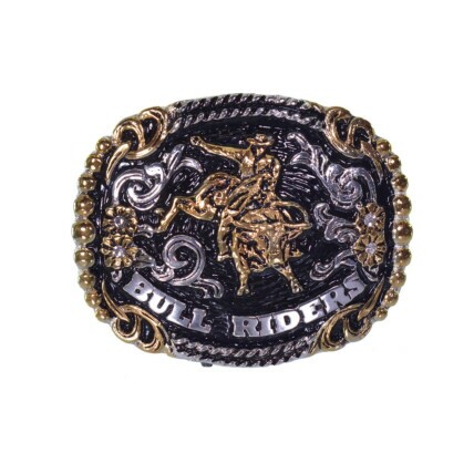 Fivela Country Bull Rider Prata e Dourada com Strass 11x9 cm - 2340