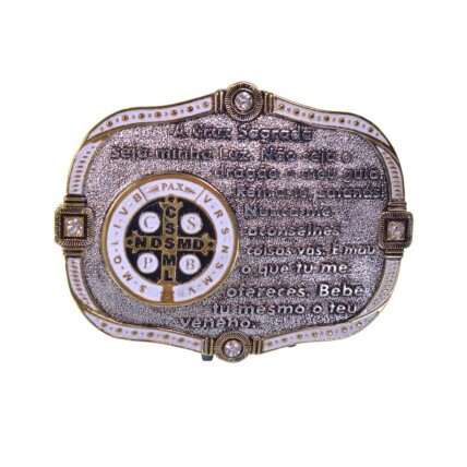 Fivela Country Medalha de São Bento Prata e Dourada com Strass 11,5x9 cm - 2349