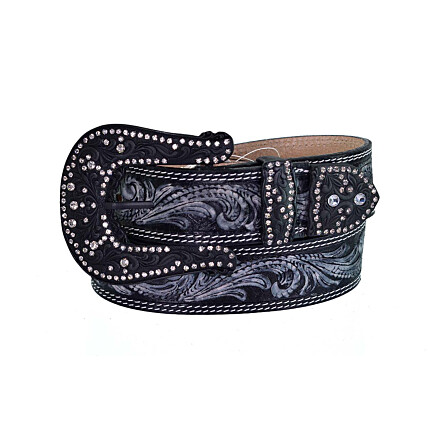 Cinto Paul Western em Couro Preto com Aplique em Strass e Fivela - PW362