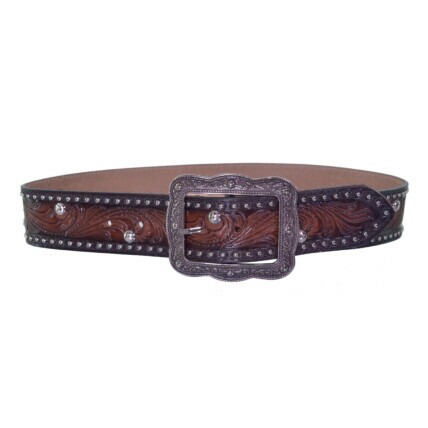 Cinto Paul Western Marrom Entalhado com Strass e Fivela Trabalhada - pw3801