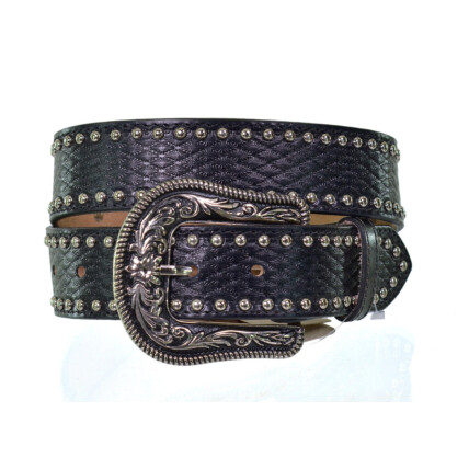 Cinto Paul Western em Couro cor Preto com Aplique em Metal  e arrebites - PW469