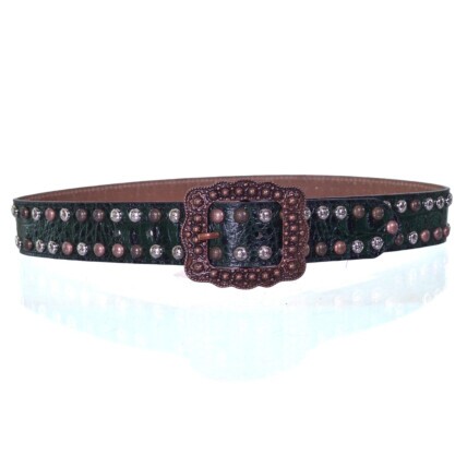 Cinto Paul Western Verde Croco com Tachas Decorativas e Fivela Vintage - pw4941